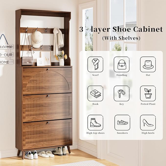 Fsbecl Shoe Storage Cabinet with 3 Fluted Flip Drawers & Coat Rack, Walnut | Slim Freestanding Shoe Organizer with Hidden Storage, Adjust Shelves, Wooden 2-in-1 Hall Tree for Entryway Foyer, 18-24 Pairs