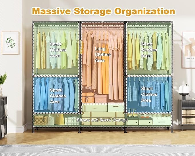 E14C Pro Heavy Duty Closet Organizer System，Freestanding Clothing Racks for Hanging Clothes，Adjustable Garment Rack 69" W × 16" D × 77" H Hold 960 lbs，Black Rack with Black Dustproof Cover