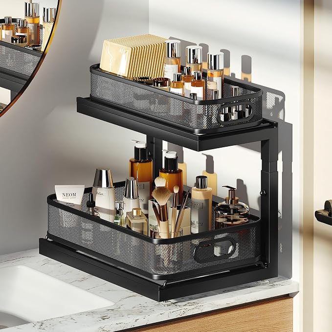 2-Pack Under Sink Storage Organizer with 2-Tier Slide Out Drawer, Sophisticated Mesh Pull Out Shelf for Kitchen & Bathroom, Fits Small Items, Upgraded Arched Track for Smooth Gliding(Patented)