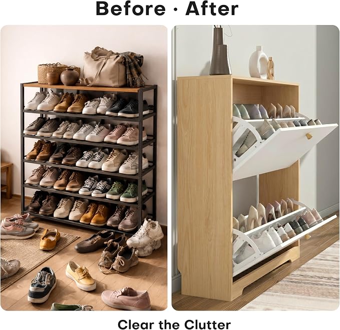 Nicetree Shoe Storage Cabinet with 2 Flip Drawers, Natural Oak and White | Narrow Shoe Organizer, Freestanding Shoe Rack Cabinet, Modern Shoe Storage Cabinet for Entryway, Hallway, Foyer, With Hook