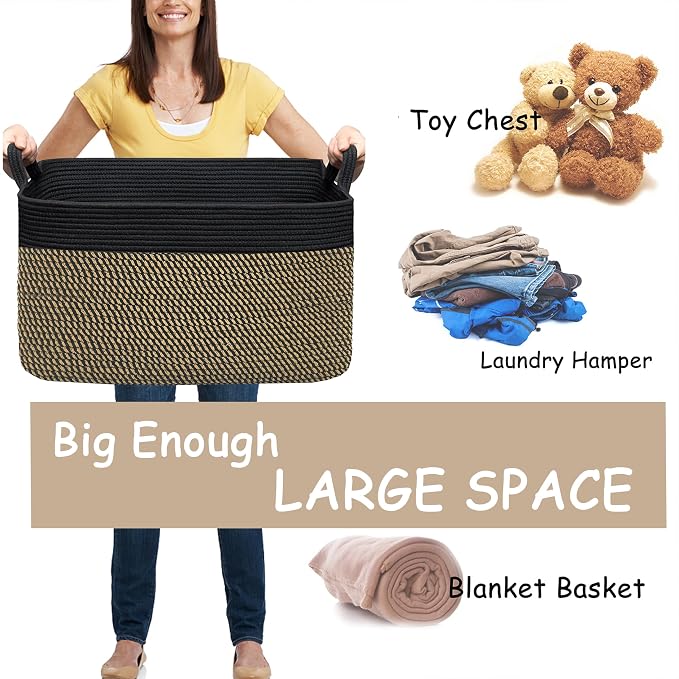 COMFY-HOMI Large Rectangular Blanket, Cotton Rope Woven for Storage, LaundryHamper, Storage,Toy Organizing Bin with Handle, Organizer and Storage-22x15x12-