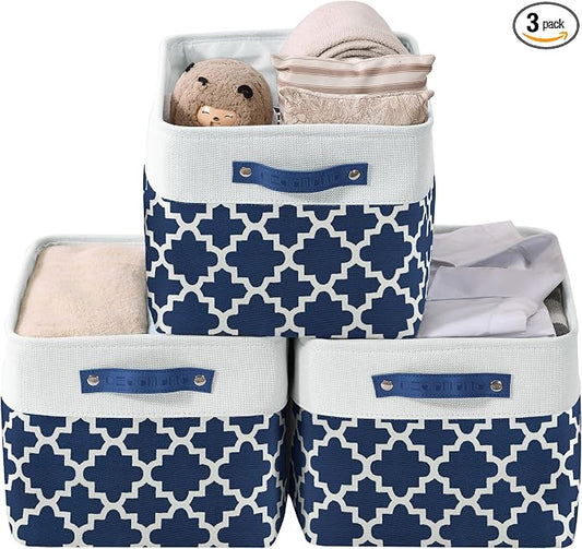 DECOMOMO Storage Bins, Fabric Storage Baskets for Shelves | 3 Pack Linen Closet Organizers for Toys and Nursery (Large, Blue Patterns)