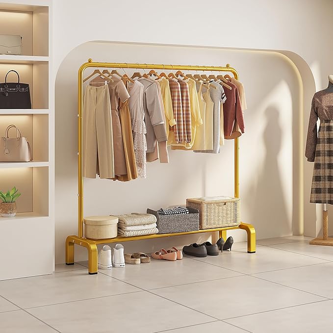 Metal 43.3 Inches Garment Rack with Bottom Shelf Clothing Rack for Hanging Clothes Coats Skirts Shirts Sweaters Gold | Metal 43.3 Inches Garment Rack Clothing Clothes Rack with Bottom Shelf for Hanging Clothes Coats Skirts Shirts Sweaters Gold