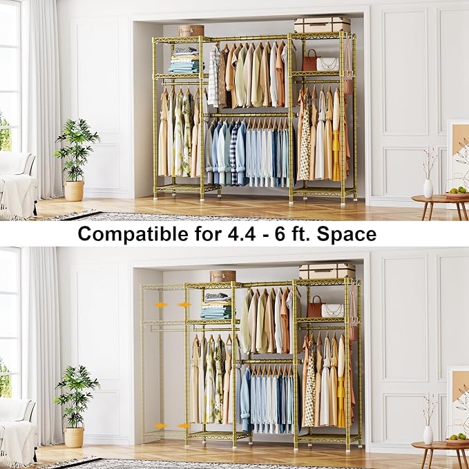 Ulif E7 Garment Rack, Heavy Duty Clothes Storage System with Extendable Hangers Rods, Metal Clothing Rack with 6 Wire Shelves, (52.3"-72") W x 14.5" D x 71.2" H, Load 838lbs, Gold | Metal Clothing Rack with 6 Wire Shelves, Freestanding Portable Closet ...