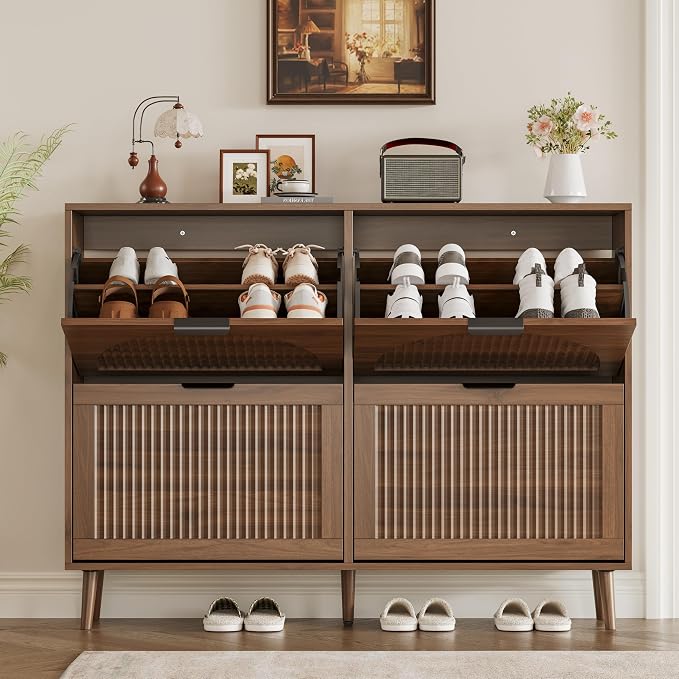 BORNOON Shoe Cabinet for Entryway with 4 Flip Drawers, Slim Wooden Shoe Storage Organizer with Modern Fluted Pannel，Freestanding Narrow Hidden Shoe Rack for Hallway, Foyer, Living Room