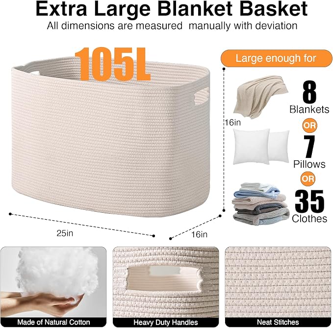 ICERZCZ White Laundry Basket, Blanket Baskets for Living Room, Cotton Rope Baskets for Storage, Woven Basket for Blankets, Toys, Clothes, Shoes, White, 25”x16”x16” (105L)