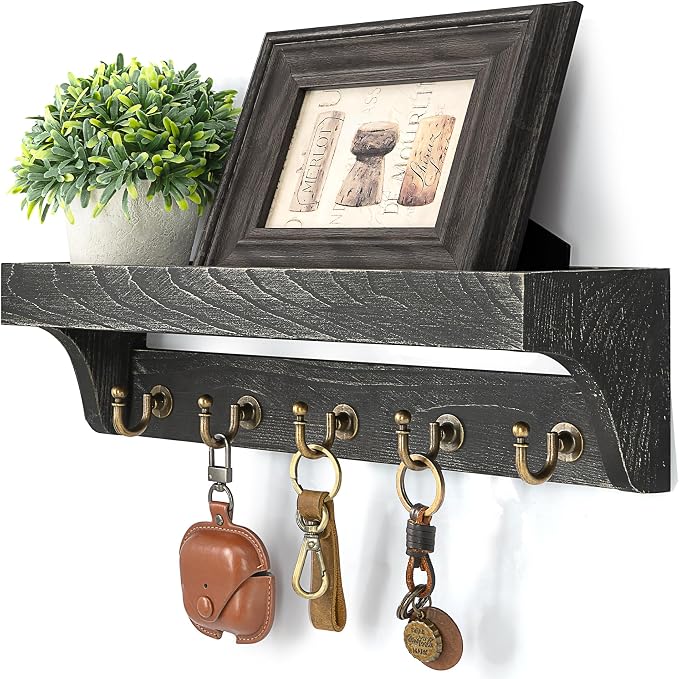 Rebee Vision Key Holder Wall Mount with 5 Hooks for Home Decor, Old Black | Pine Wood, Key Holder for Wall, Plant Display, Small Decor Storage, Stylish Apartment Organizer, Practical Daily Accent