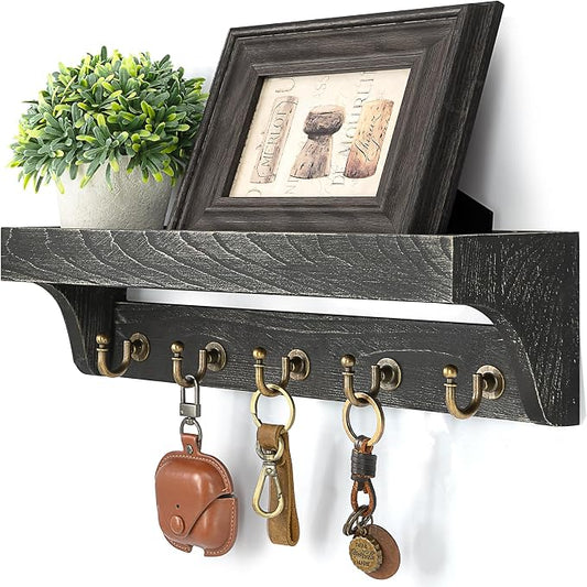 Rebee Vision Key Holder Wall Mount with 5 Hooks for Home Decor, Old Black | Pine Wood, Key Holder for Wall, Plant Display, Small Decor Storage, Stylish Apartment Organizer, Practical Daily Accent