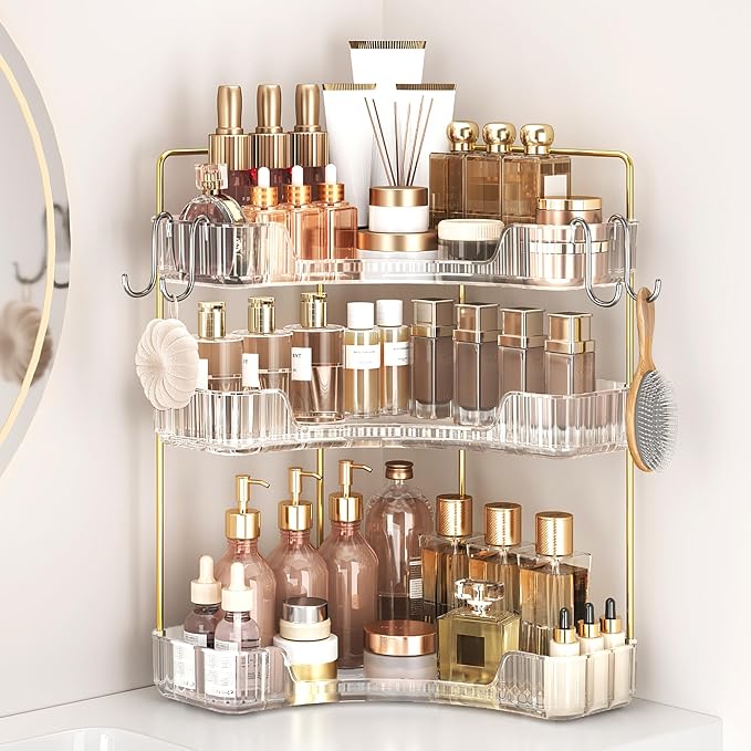 Corner Bathroom Counter Organizer 3-Tier Bathroom Organizer | Storage Countertop with Hooks Perfume Organizers Storage Shelf for Makeup & Skincare Dresser-Clear