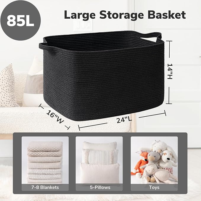 Goodpick Extra Large Cotton Rope Storage Basket with Handles, Black | 85L, 23.6 x 15.7 x 13.8 in, Rectangle, Living Room, Bedroom & Nursery Organization, Blankets, Pillows & Toys Storage