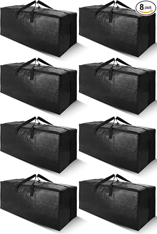 Cosy Family 8 Pack Heavy Duty Extra Large Moving Bags with Backpack Straps - Strong Handles & Zippers, Storage Totes For Space Saving, Fold Flat, Alternative to Moving Box (Set of 8, Black)