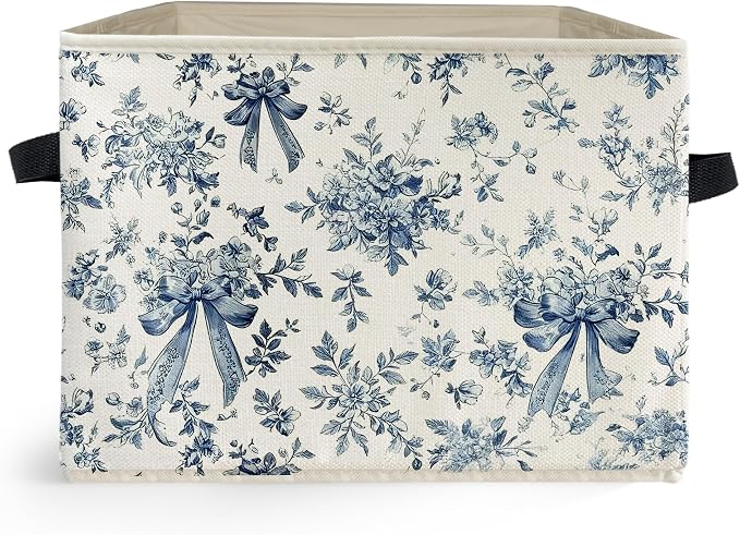 Chinoiserie Bow Floral Storage Box Bins, Blue and White Grandmillennial Flower Collapsible Storage Basket Organizer for Bedroom Laundry Room Home Clothes Books, Decor for Room