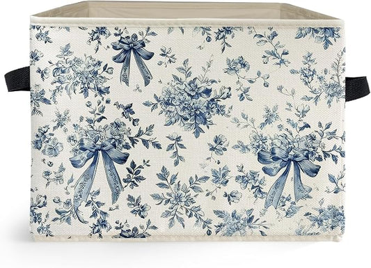 Chinoiserie Bow Floral Storage Box Bins, Blue and White Grandmillennial Flower Collapsible Storage Basket Organizer for Bedroom Laundry Room Home Clothes Books, Decor for Room