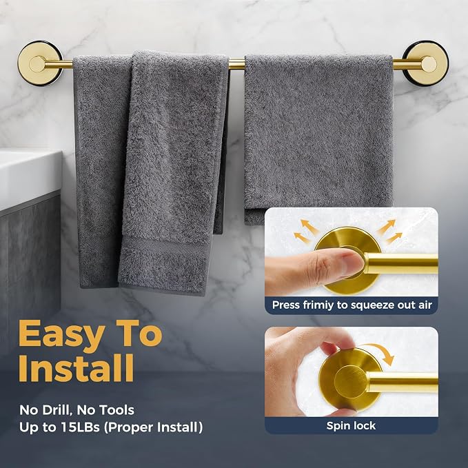 14.6inch~24inch Towel Racks for Bathroom,Adjustable Suction Cup Towel Bar for Bathroom Wall,Stainless Steel Bath Towel Holder for Shower(Brushed Gold)