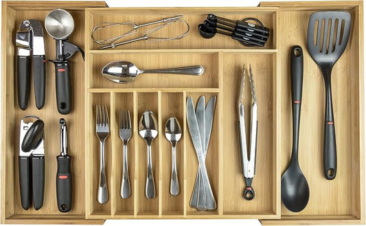 KitchenEdge Silverware & Utensil Drawer Organizer, 16-28 in, Bamboo | Cutlery, flatware, food-safe contract grade, kitchen drawer fit