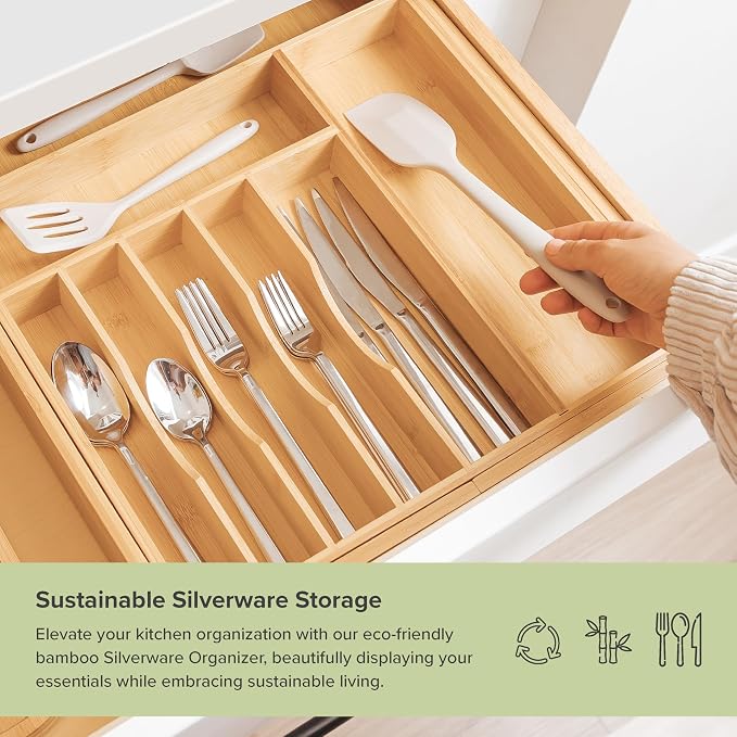 KitchenEdge Silverware & Utensil Drawer Organizer, 16-28 in, Bamboo | Cutlery, flatware, food-safe contract grade, kitchen drawer fit