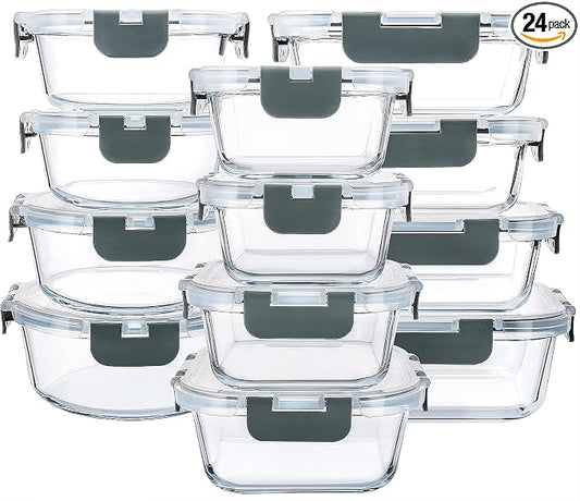 M MCIRCO 24-Piece Glass Food Storage Containers with Upgraded Snap Locking Lids,Glass Meal Prep Containers Set - Airtight Lunch Containers, Microwave, Oven, Freezer and Dishwasher