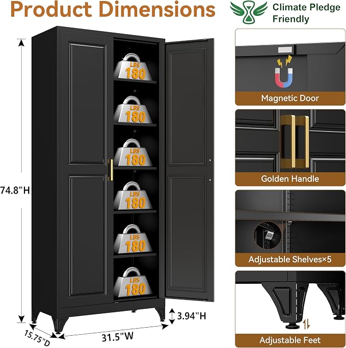 Polup 75" Pantry Cabinet, Tall Metal Storage Cabinet with Doors and Shelves | Black Kitchen Cabinet, 5 Adjustable Shelving, Heavy-Duty Steel, Gold Handles, 4 Standing Feet, for Garage Office & Laundry