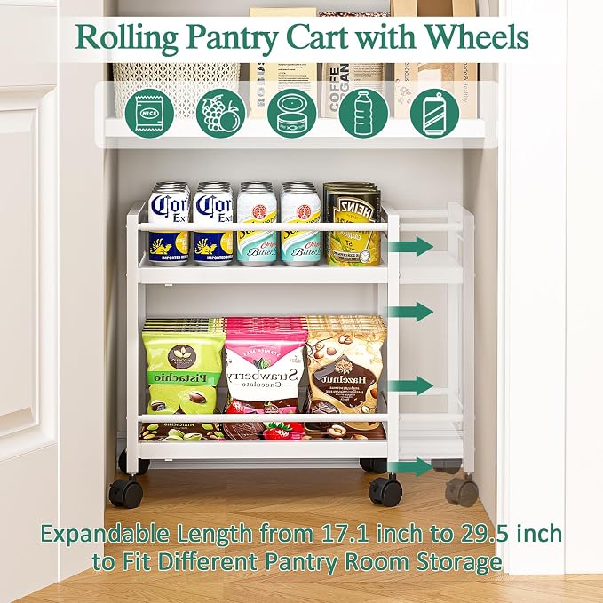 2-Tier Expandable Rolling Pantry Cart with Wheels, Adjustable Floor Organizer for Kitchen Pantry, Can Organizer for Pantry, Storage Cart for Snack, Food, Vegetables, White, Patent Pending