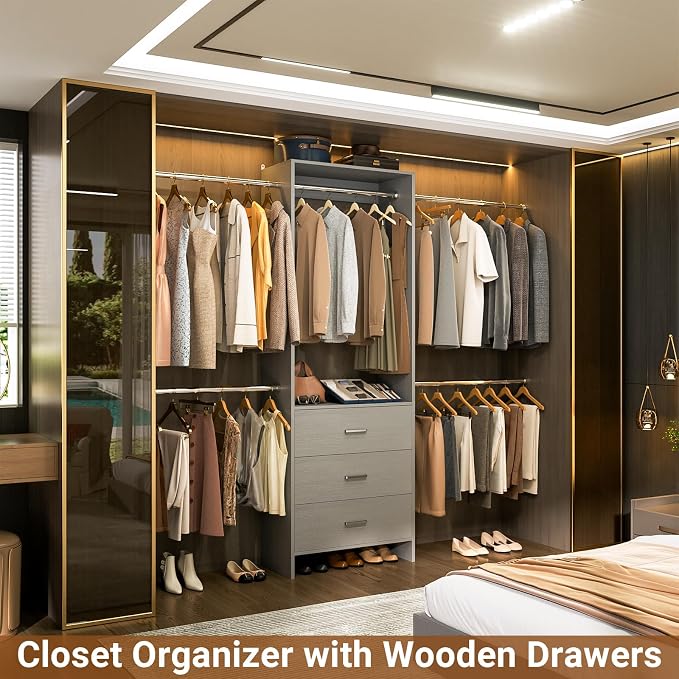Aheaplus Closet System, Closet Organizer with 3 Wooden Drawers, Closet Organizer System, Walk-in Closet Wardrobe Clothes Rack with 4 Hanging Rods, Garment Rack, -4R, Grey