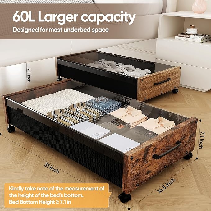 KITHELP Wooden Under Bed Storage with Wheels, Rolling Under the Bed Storage Bins with Removable Lid, Metal Under Bed Drawers for Clothes and Shoes in Bedroom or Living Room(Vintage Brown-2pack)