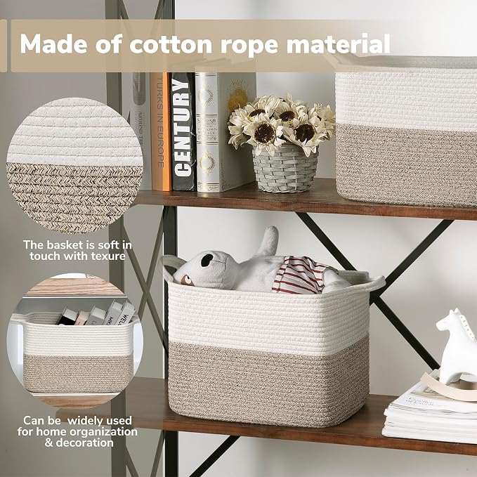 Goodpick Woven Storage Basket for Shelves, 13" x 10" x 9", Light Brown | Books, Dog Toys & Towels Storage, Closet & Shelves Organization, Decorative Rectangle Design, Reinforced Handles