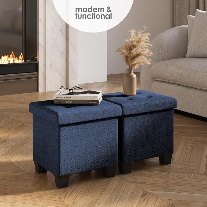 Storage Ottoman Cube with Small Bin, 15-in Square Ottoman with Storage for Living Room and Bedroom, Small Ottomans Foot Rest, Fabric Foot Stools Ottomans Max 330lbs, Blue