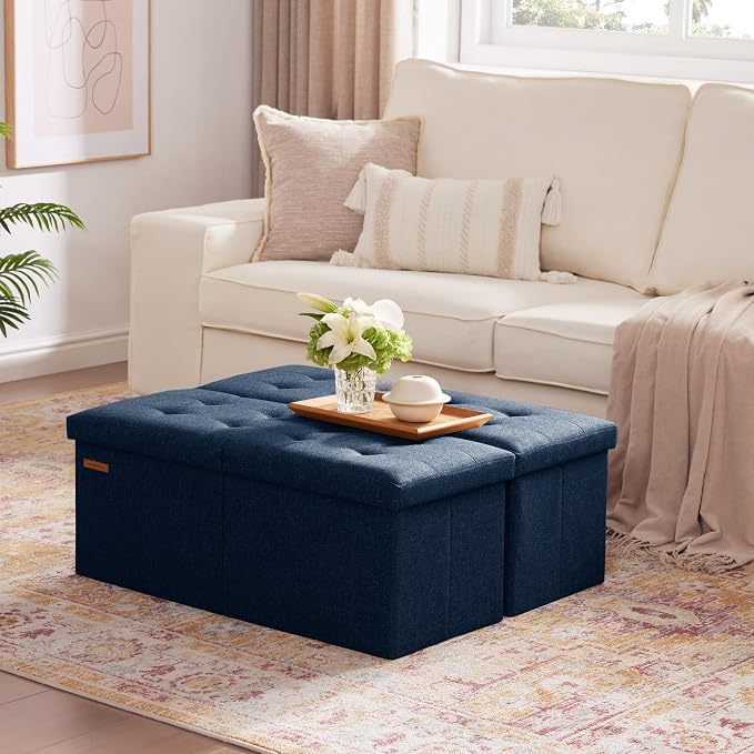 HAUSFRAU Ottoman with Storage Bench Folding Foot Rest Stool Linen Navy | 31.5", Flip Lid, Small Upholstered Foldable Footrest Footstool, Bedroom Bench, Living Room Dorm Ottoman, Rectangle