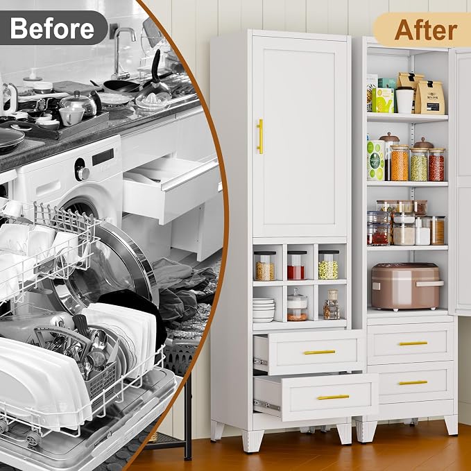 Tall Metal Narrow Storage Cabinet 67" H with 2 Drawer,White Kitchen Pantry Cabinets with 2 Adjustable Shelves and Door,Cuby Storage Orgainzer,Tall Bathroom Cabinet for Kitchen, Home Office,Dining Room
