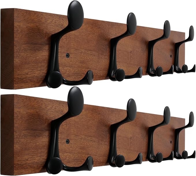 WEBI Coat Rack Wall Mount,24" Solid Wood Coat Hooks Wall Mounted Coat Hanger,16" Hole to Hole,Heavy Duty 4 Triple Hooks for Hanging Coats,Jacket,Hat,Backpack,Farmhouse,Reddish Brown,2 Packs