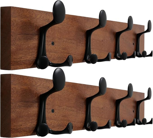 WEBI Coat Rack Wall Mount,24" Solid Wood Coat Hooks Wall Mounted Coat Hanger,16" Hole to Hole,Heavy Duty 4 Triple Hooks for Hanging Coats,Jacket,Hat,Backpack,Farmhouse,Reddish Brown,2 Packs