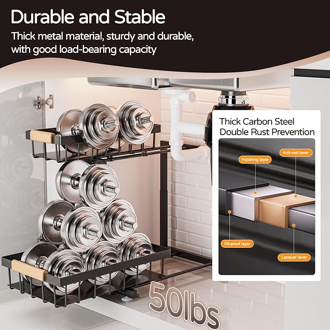 ADBIU Under Sink Organizer, 2 Pack 2 Tier Expandable Height (13.2" - 17.2") Pull out Kitchen Bathroom Cabinet Organizers and Storage Shelf