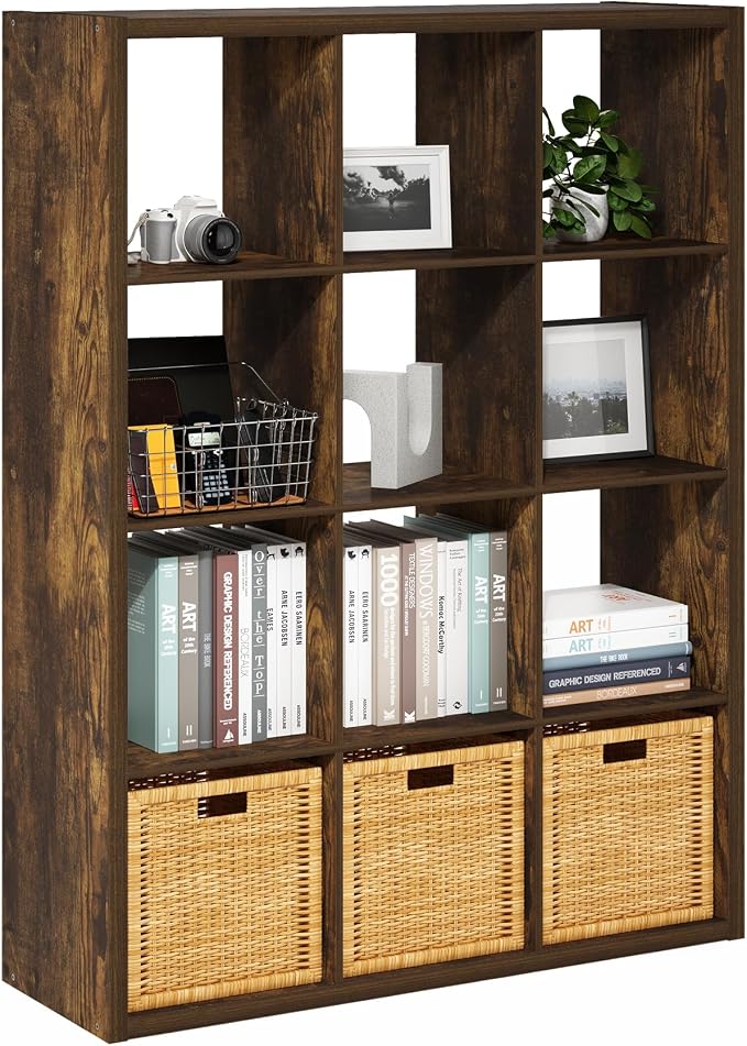 12-Cube Cubicle Bookshelf, Cube Bookcase with Open Back, Reversible Book Shelf, Cube Storage Organizer, 15 x 44 x 58, for Living Room, Home Office, Amber Pine