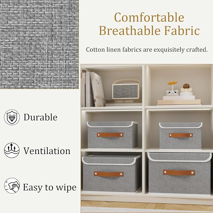 OUTBROS Storage Boxes, Bins with Lids, Grey, 3 Pack 10.2x7.9x6.7in | Cotton and linen cloth Storage Baskets with Handle, for Books, Closet, Bedroom, Home
