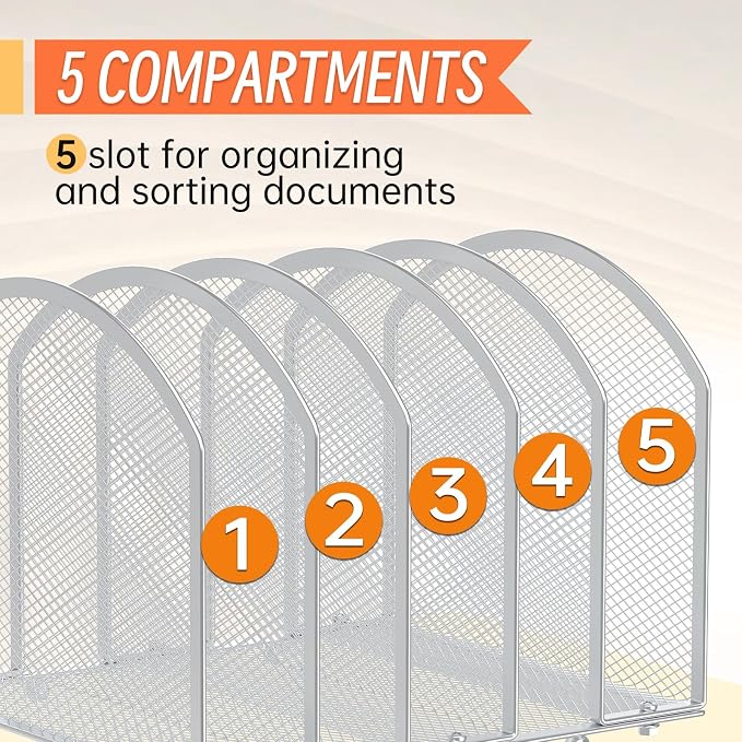MINDEPOT Desk File Organizer 5 Sections Desktop Organizer File Sorter Office Organization File Folder Holder for Office School & Classroom (Silver, 5 Section - 1Pack)