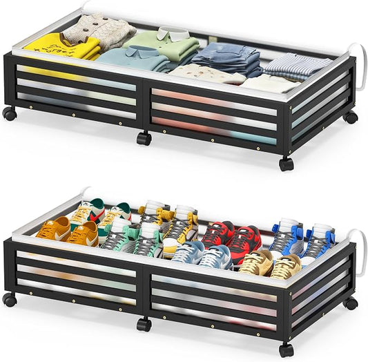 Under Bed Storage with Wheels, 2 Pack Bamboo Drawers for Shoes and Clothes | Fitted dustproof bags, stackable design, smooth pullout access for bedding, blankets, toys and seasonal essentials