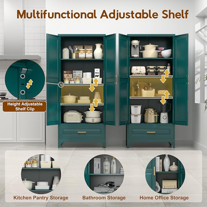 UNICOLY 75" Kitchen Pantry Cabinet,Metal Storage Cabinet with Drawer, | Tall Storage Cabinet with Doors and 4 Shelves,for Kitchens, Living Room, Dinning Room, Assembly Required, Green