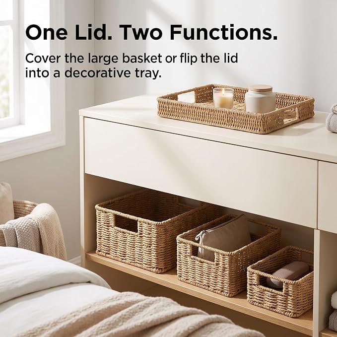 Wicker Storage Basket with Lid for Shelves, 3-Basket Set, Natural | One rectangular wicker basket with lid and two open baskets for decorative shelf storage; removable lid flips into a tray.