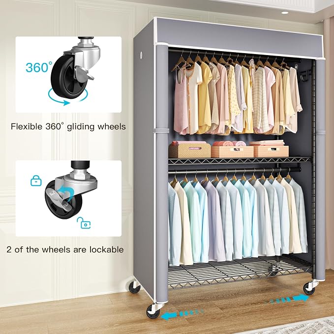 Black Clothing Rack with Grey Cover, P1C Plus Rolling Closets | Metal Garment Rack with Wheels for Hanging Clothes, Portable Clothing Storage Wardrobe