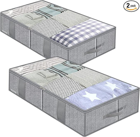 Onlyeasy Breathable Under Bed Storage Bags with 4 Reinforced Handles and Sturdy Side Wall, 2 Pack Eco-friendly Underbed Clothing Blankets Organizer with 2 Strong Zippers, Herringbone Grey, MXRUBBSS2P