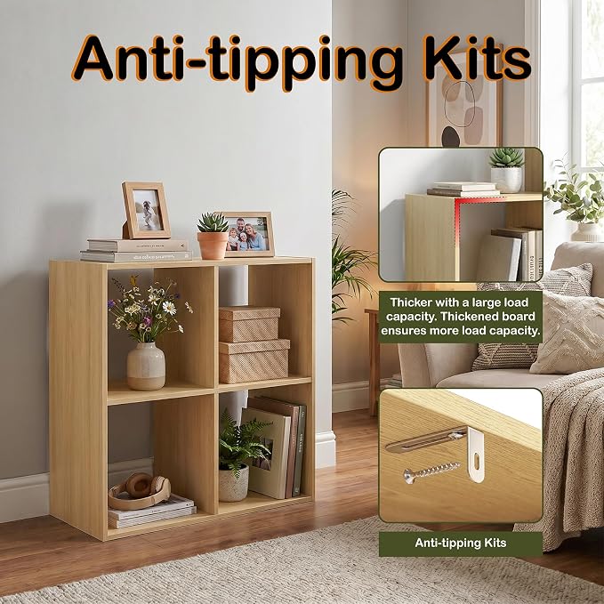 WannabeMyself【Sturdy Build&Easy Assembly】4 Cube Storage Organizer with Anti-Tipping Kits,Reversible Open Back Book Shelf, Bookcase for Living Room,Bedroom,Entrance Hall,Office,24.1×11.4×24.1,Oak Color