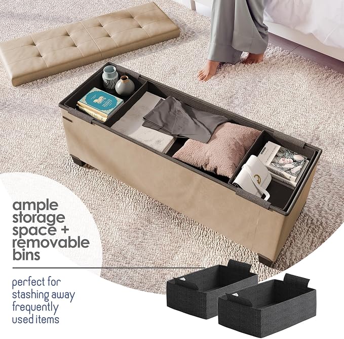 Storage Ottoman Bench with Bins, 43-in Storage Bench for Bedroom End of Bed, Folding Foot Rest Ottoman for Living Room Max 660lbs, Leather Ottomans, Taupe