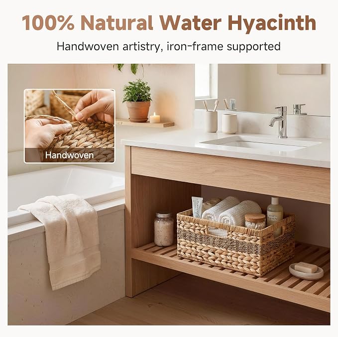 StorageWorks Jumbo Rectangular Wicker Basket, Water Hyacinth and Seagrass Storage Basket with Built-in Handles, 1 Pack