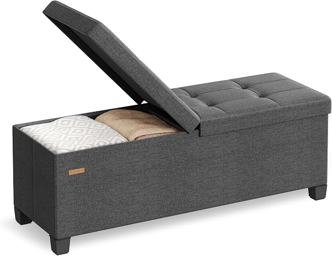SONGMICS Storage Ottoman Bench with Legs, Folding Ottoman Foot Rest with Flipping Lid, Bench with Storage, for Living Room, Bedroom, Entryway, Linen-Look Fabric, 43.3 Inches, Slate Gray ULSF079GN01