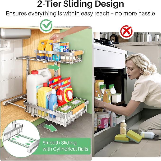 Kitstorack Under Sink Organizer, 2 Tier Under the Sink Storage, Slide out Pull out Cabinet Organizer Shelf, Metal Sliding Drawer for Kitchen Bathroom Pantry Closet Organization Rack, Silver, 2 Pack