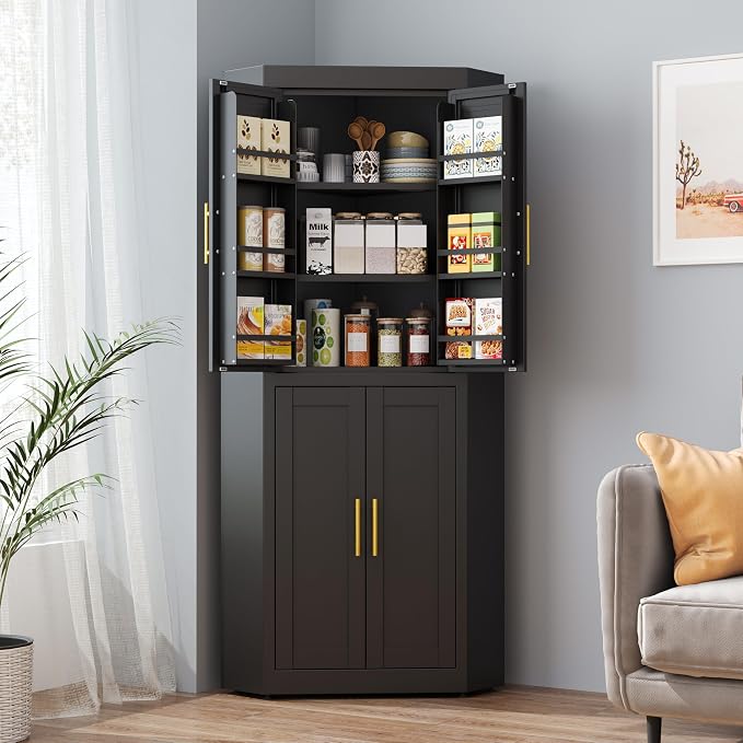 GAIOUS 63" Tall Metal Corner Kitchen Pantry Cabinet, Steel Storage Cabinets with 4 Doors and 3 Shelves, Kitchen Food Cabinets with 6 Door Panel Shelves, Farmhouse Cupboard for Kitchen Dining, Black