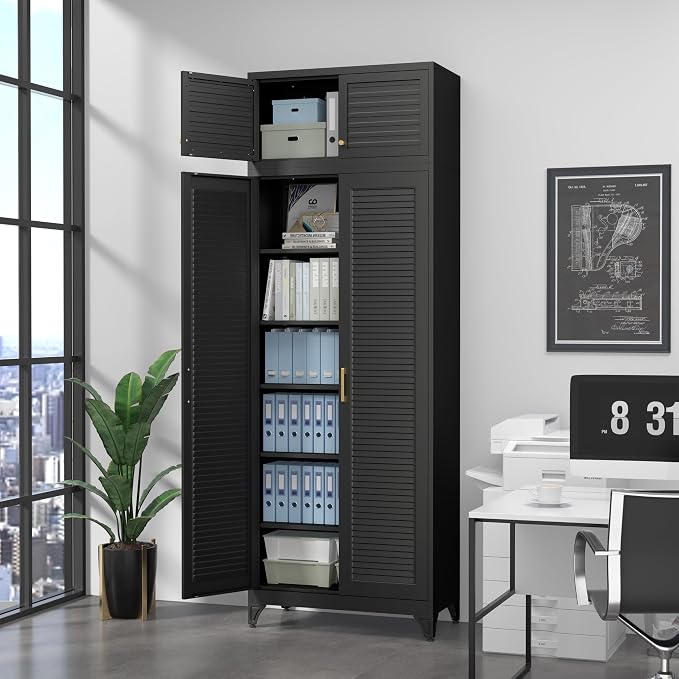 SteeLoong 90" Metal Storage Cabinet with Doors and 5 Adjustable Shelves | Kitchen Pantry Cabinet,Black Tall Freestanding Cupboard with Gold Handle,Steel Garage Cabinets for Tool,Office,Kitchen,School