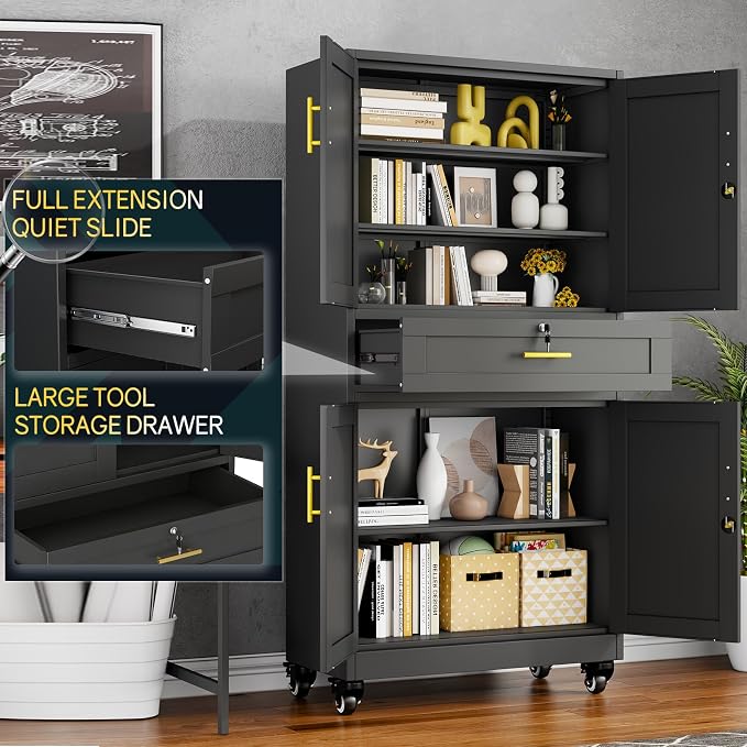 PAOFIN Metal Tall Storage Cabinet with Drawer, Garage Storage Cabinet | with Locking Doors and 3 Adjustable Shelves, 74" H Steel Cabinets for Garage, Home, Office, Black, Assembly Required