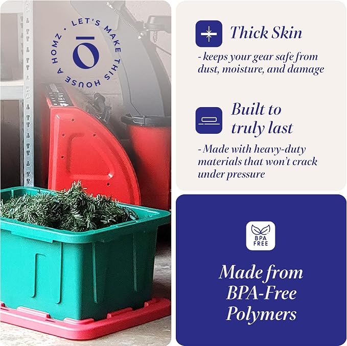 HOMZ Holiday Plastic Storage Container, 15 Gallon - Set of 2, Green and Red, 2 Sets | Heavy-Duty Large Stackable Container Seasonal Boxes for Home, Attic, and Garage Organization
