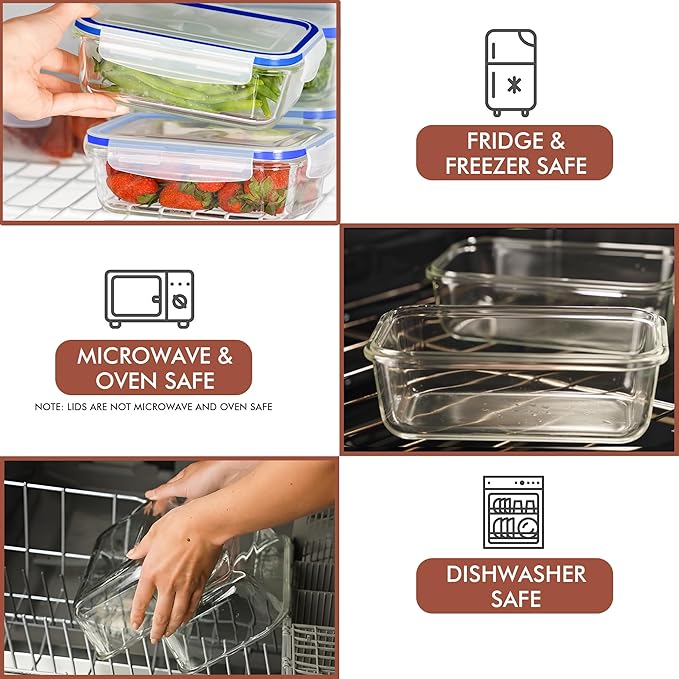 Razab 16 Pc (Set of 8) 30 Oz Glass Meal Prep Containers with Lids, Airtight Large Glass Food Storage Containers, Reusable Leak Proof BPA Free, Freezer to Oven and Dishwasher Safe